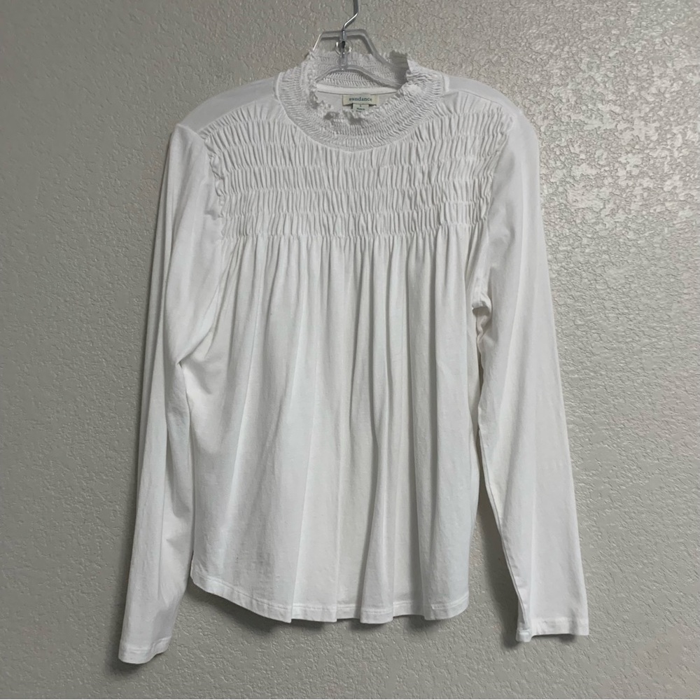 Sundance Top Women L Gabrielle Dreamer Smocked Mock Neck Lightweight Boho